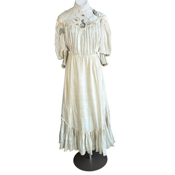 Handmade Dresses & Skirts - Antique Victorian Ivory Dress Mesh Lace Sequins Distressed Damaged As Is